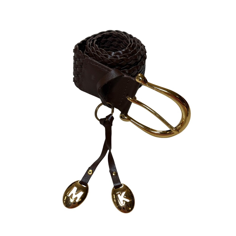 Michael‎ Kors Womens Braided Leather Belt Brown Gold Logo Charm Wide Size L
